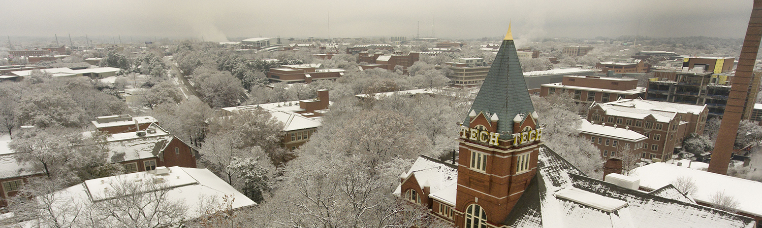 Overhead drone shot of Georgia Tech Campus covered in snow
