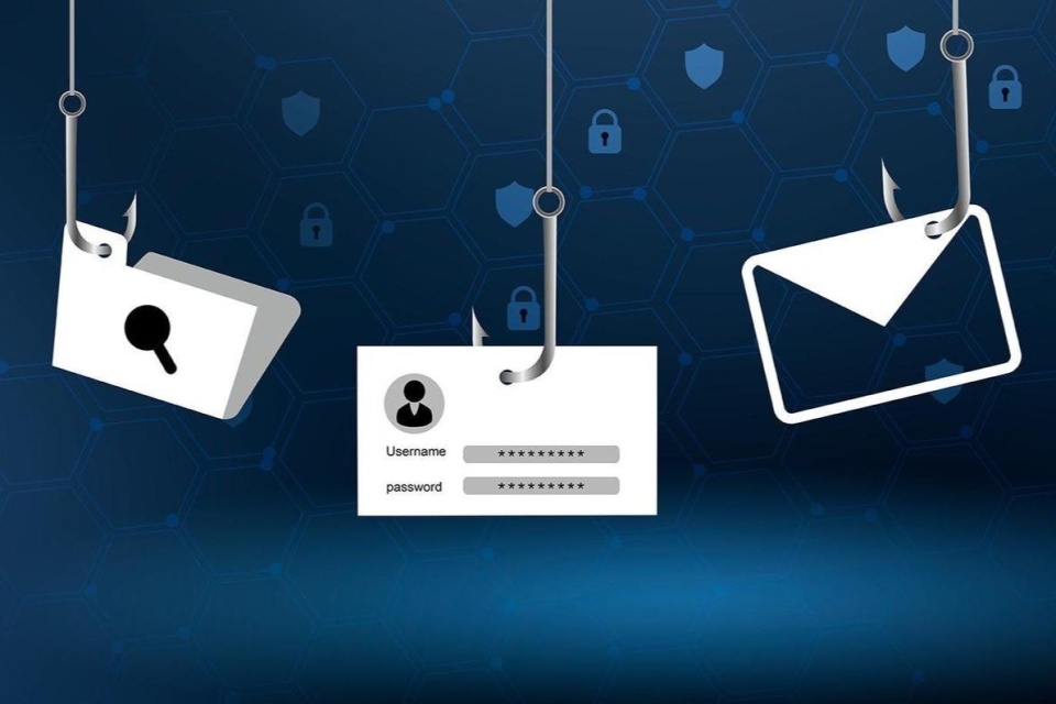 Phishing email with fish bait hooks graphic